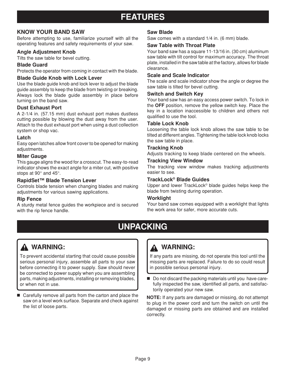 Unpacking, Features, Warning | Ryobi BAND SAW User Manual | Page 9 / 24