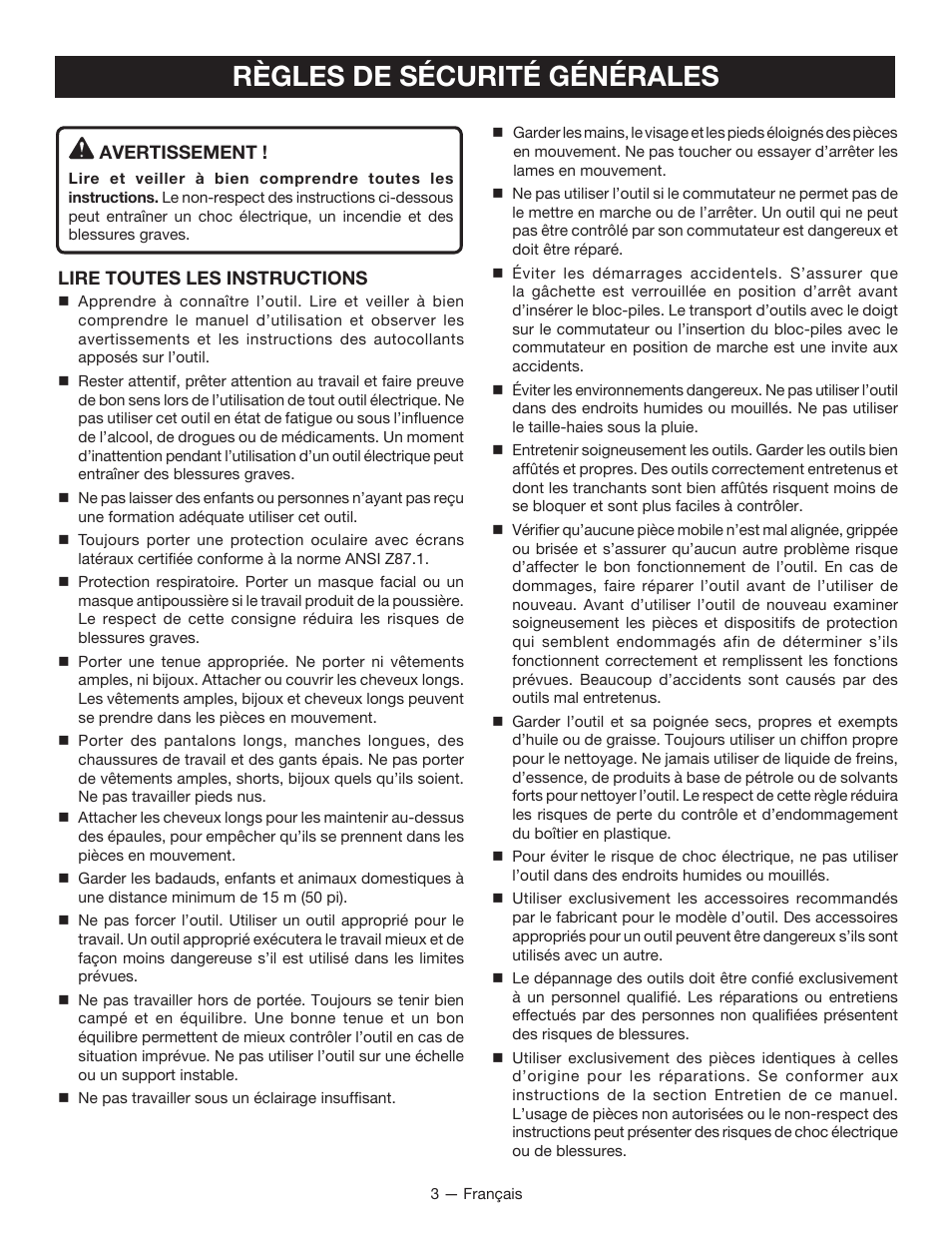 Règles de sécurité générales | Ryobi P2603 User Manual | Page 15 / 34