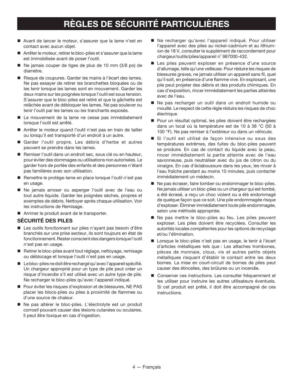 Règles de sécurité particulières | Ryobi P2603 User Manual | Page 16 / 34