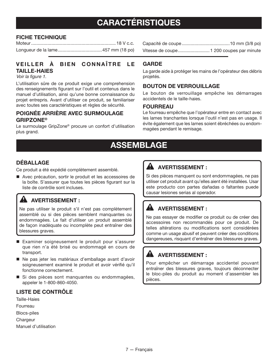 Caractéristiques assemblage | Ryobi P2603 User Manual | Page 19 / 34