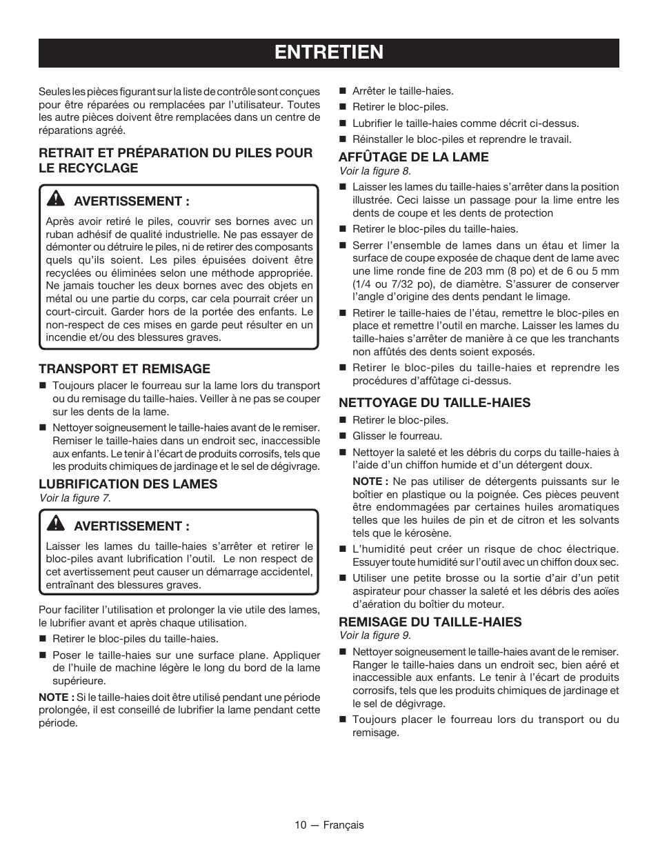 Entretien | Ryobi P2603 User Manual | Page 22 / 34