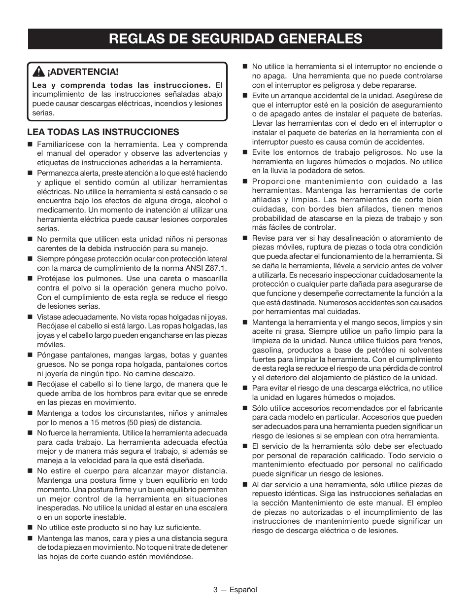 Reglas de seguridad generales | Ryobi P2603 User Manual | Page 25 / 34