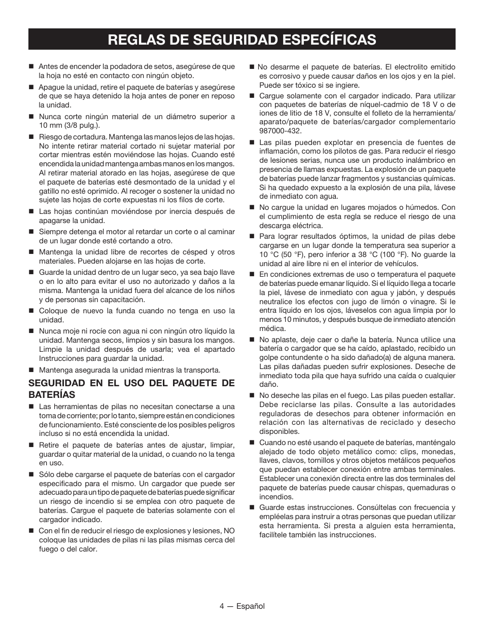Reglas de seguridad específicas, Seguridad en el uso del paquete de baterías | Ryobi P2603 User Manual | Page 26 / 34