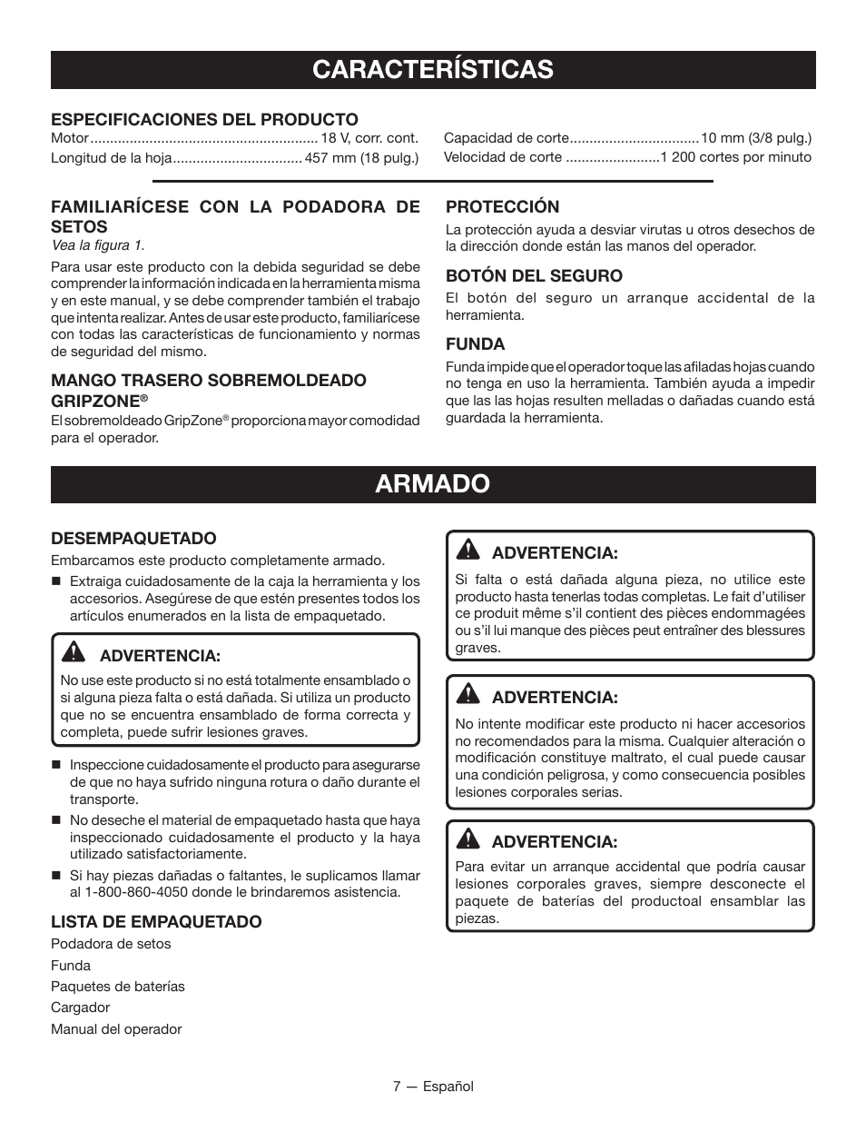 Características armado | Ryobi P2603 User Manual | Page 29 / 34