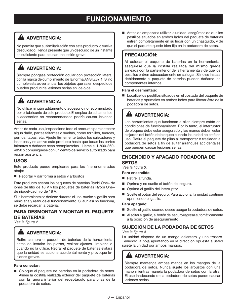 Funcionamiento | Ryobi P2603 User Manual | Page 30 / 34