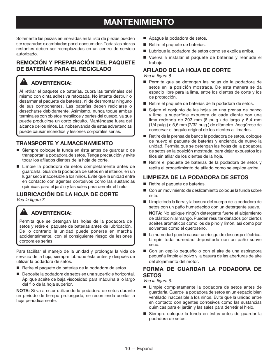 Mantenimiento, Transporte y almacenamiento, Lubricación de la hoja de corte | Advertencia, Afilado de la hoja de corte, Limpieza de la podadora de setos, Forma de guardar la podadora de setos | Ryobi P2603 User Manual | Page 32 / 34