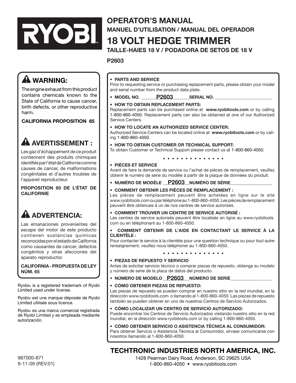 18 volt hedge trimmer, Operator’s manual, Warning | Techtronic industries north america, inc, Avertissement, Advertencia | Ryobi P2603 User Manual | Page 34 / 34
