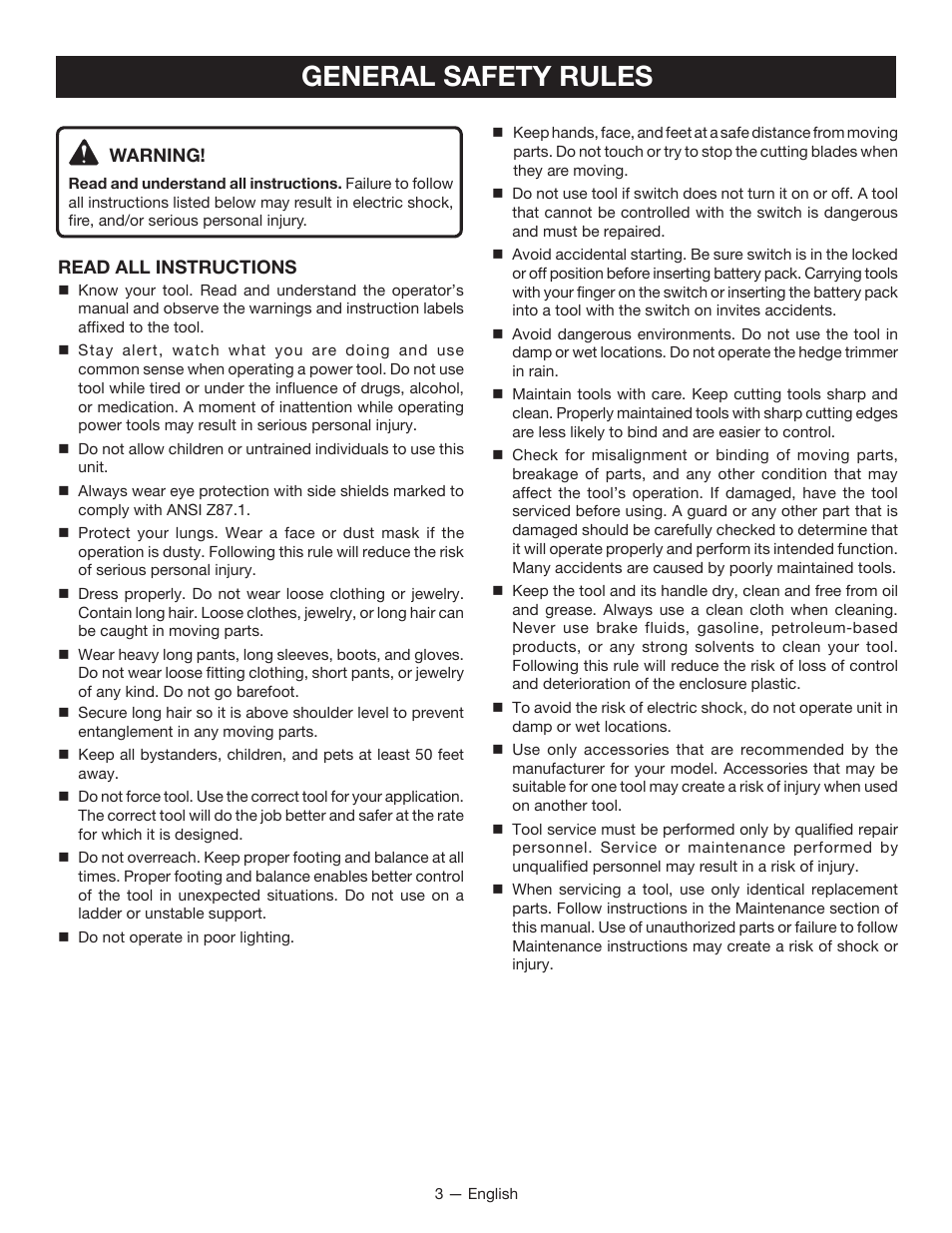 General safety rules | Ryobi P2603 User Manual | Page 5 / 34