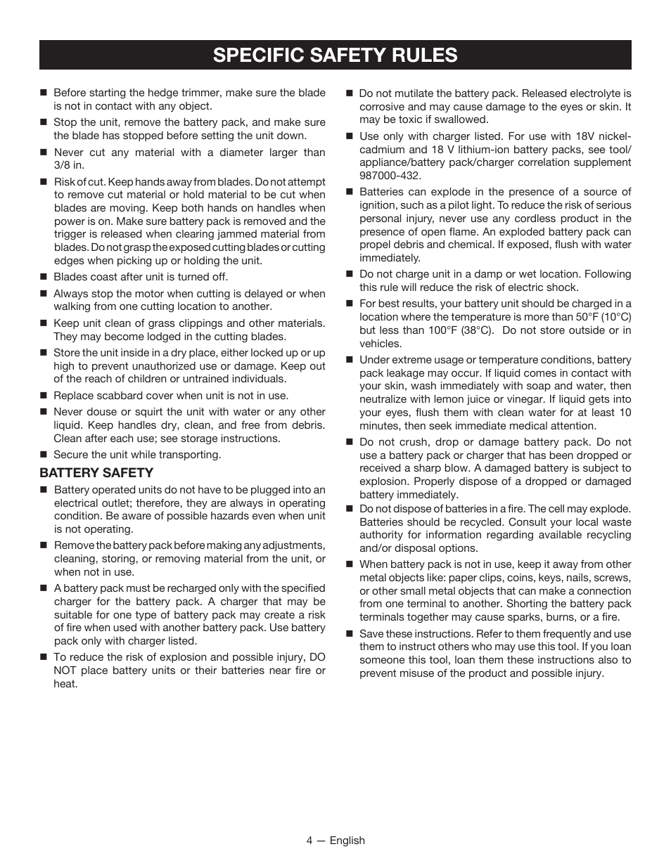 Specific safety rules | Ryobi P2603 User Manual | Page 6 / 34