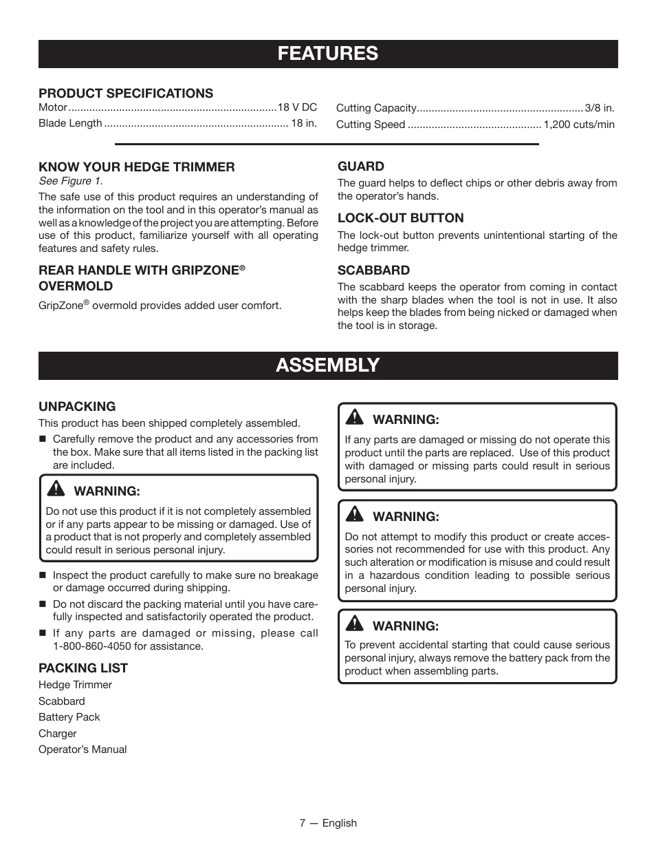 Features assembly | Ryobi P2603 User Manual | Page 9 / 34