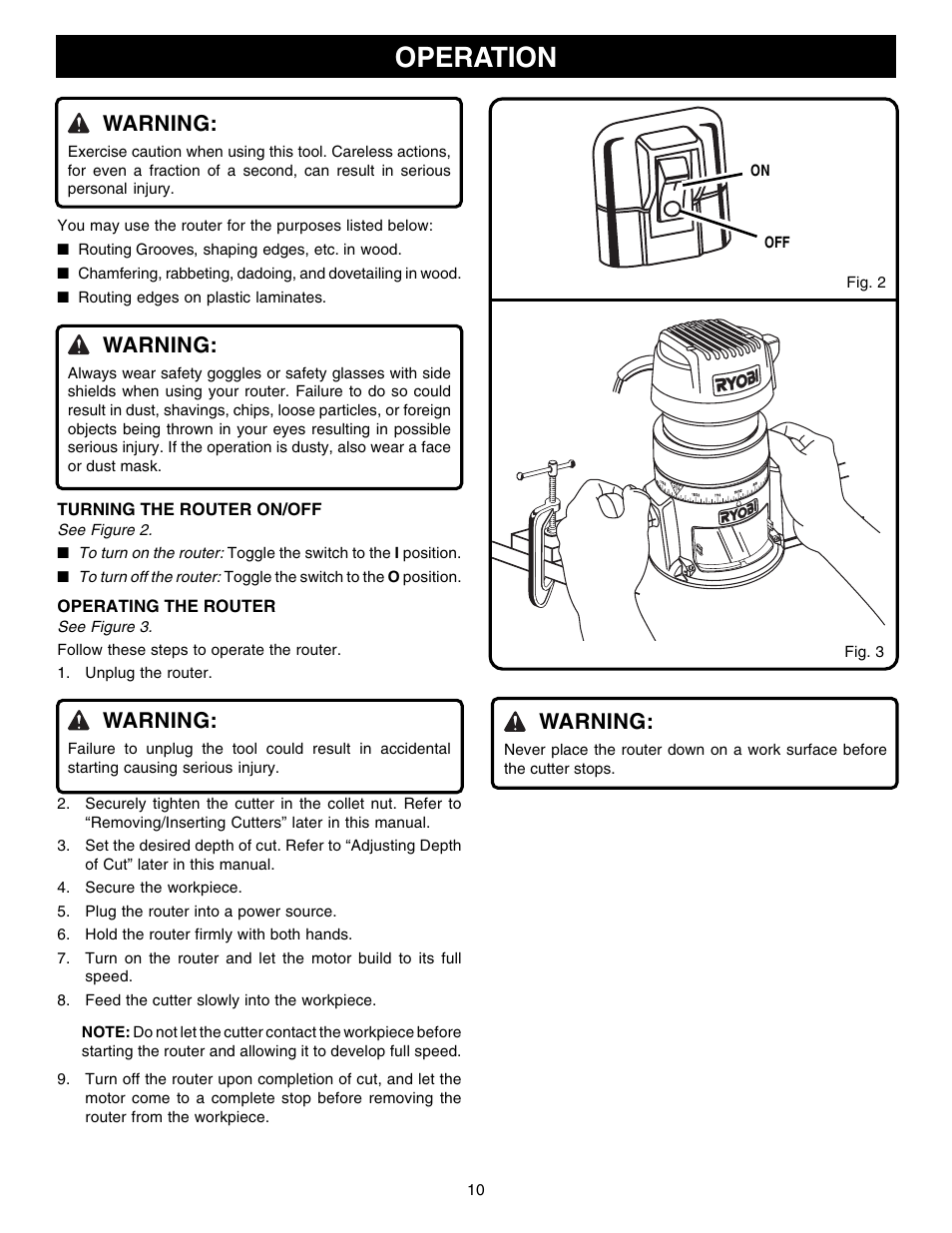 Operation, Warning | Ryobi R1801M1 User Manual | Page 10 / 20