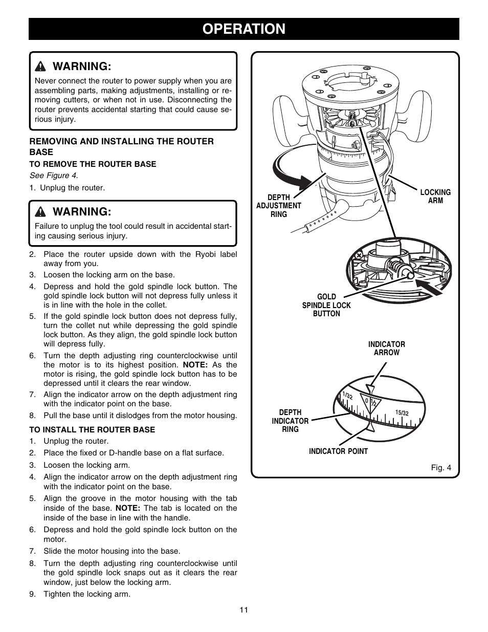 Operation, Warning | Ryobi R1801M1 User Manual | Page 11 / 20