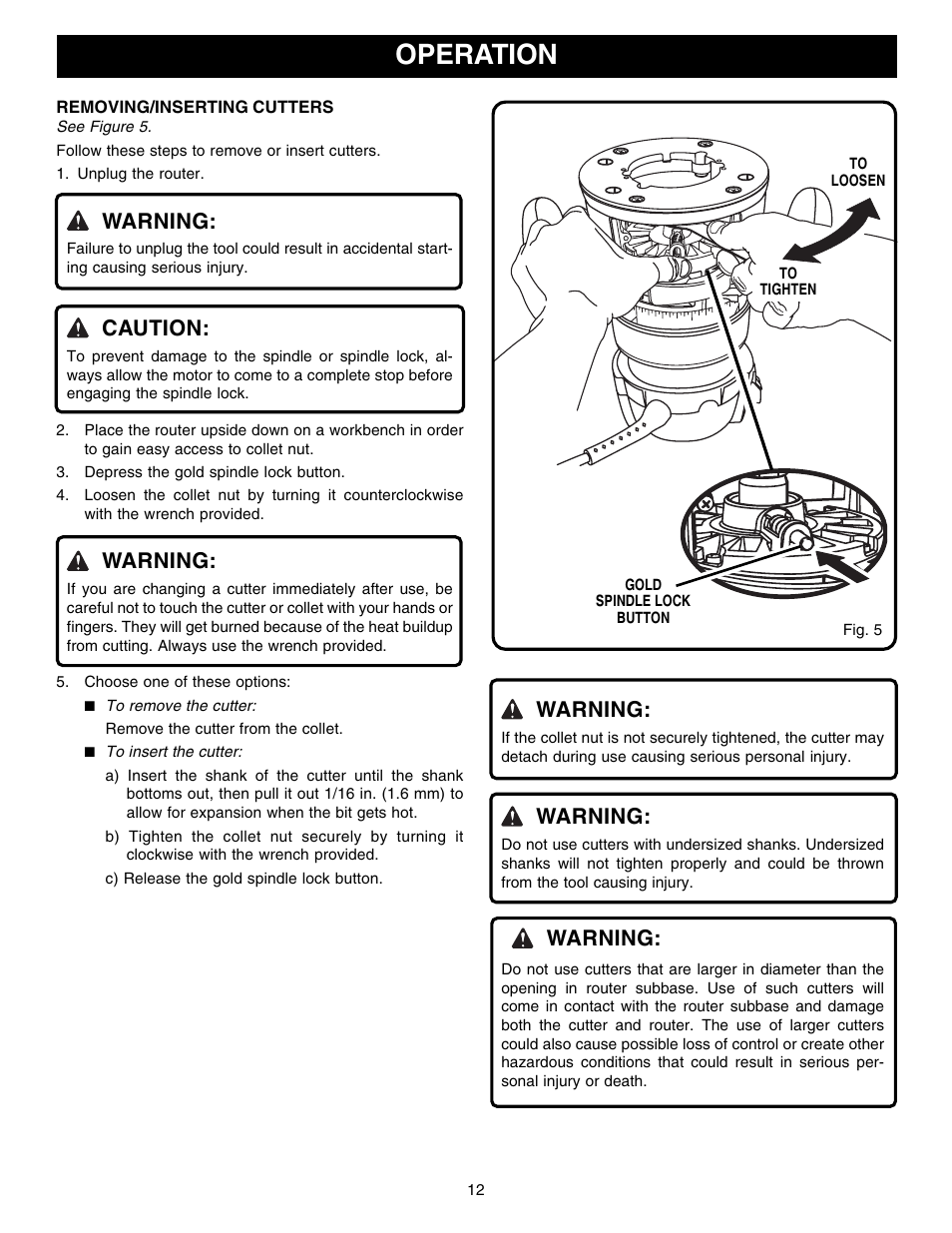 Operation, Warning, Caution | Ryobi R1801M1 User Manual | Page 12 / 20