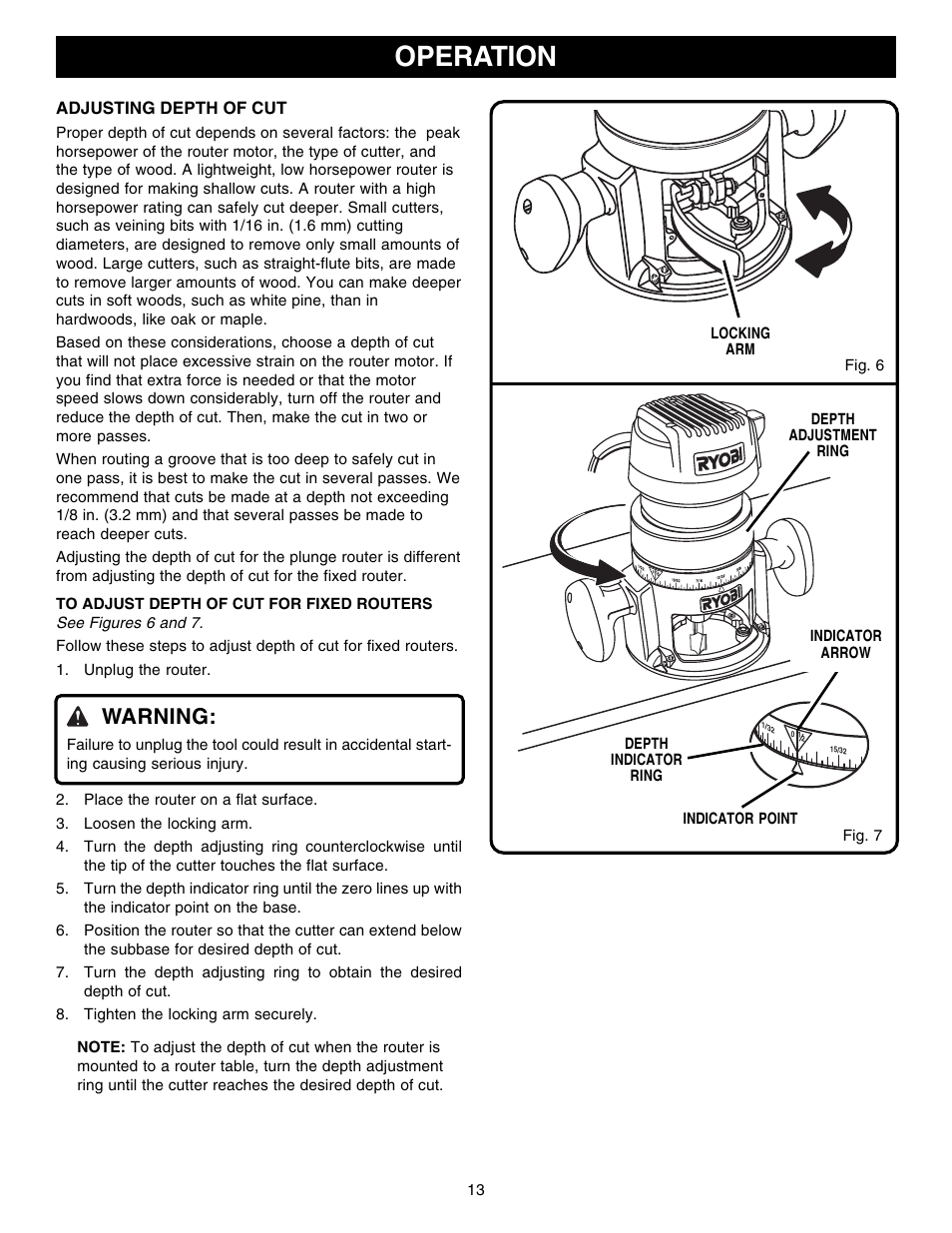 Operation, Warning | Ryobi R1801M1 User Manual | Page 13 / 20