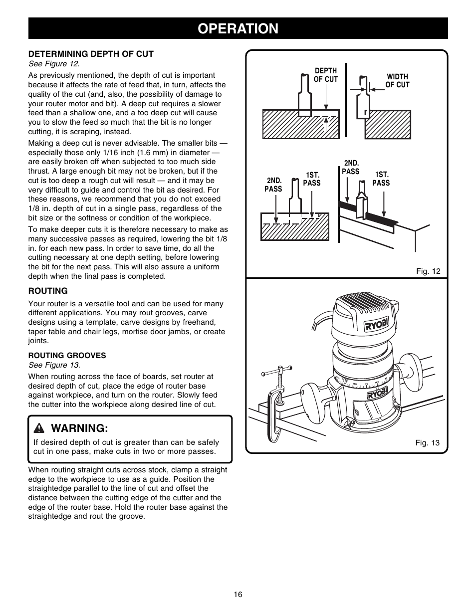 Operation, Warning | Ryobi R1801M1 User Manual | Page 16 / 20