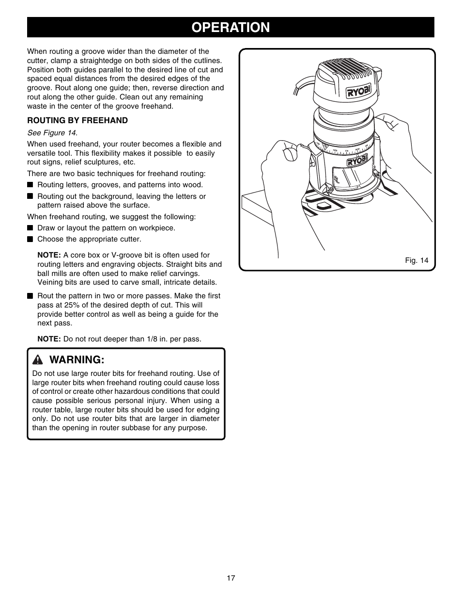 Operation, Warning | Ryobi R1801M1 User Manual | Page 17 / 20