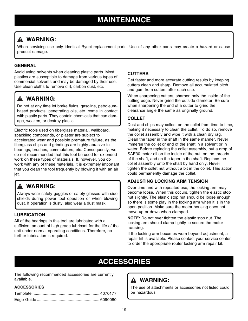 Accessories, Maintenance, Warning | Ryobi R1801M1 User Manual | Page 19 / 20