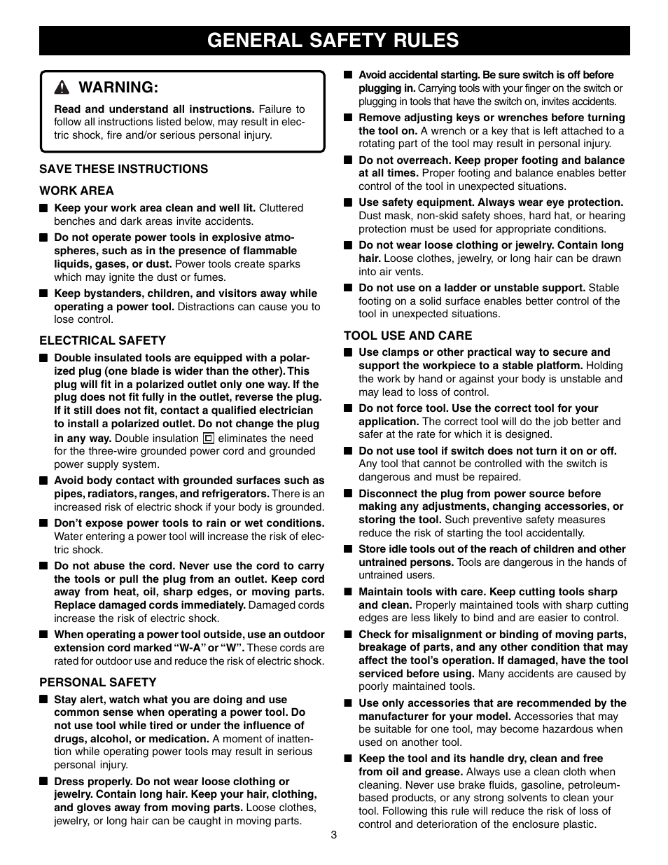 General safety rules, Warning | Ryobi R1801M1 User Manual | Page 3 / 20