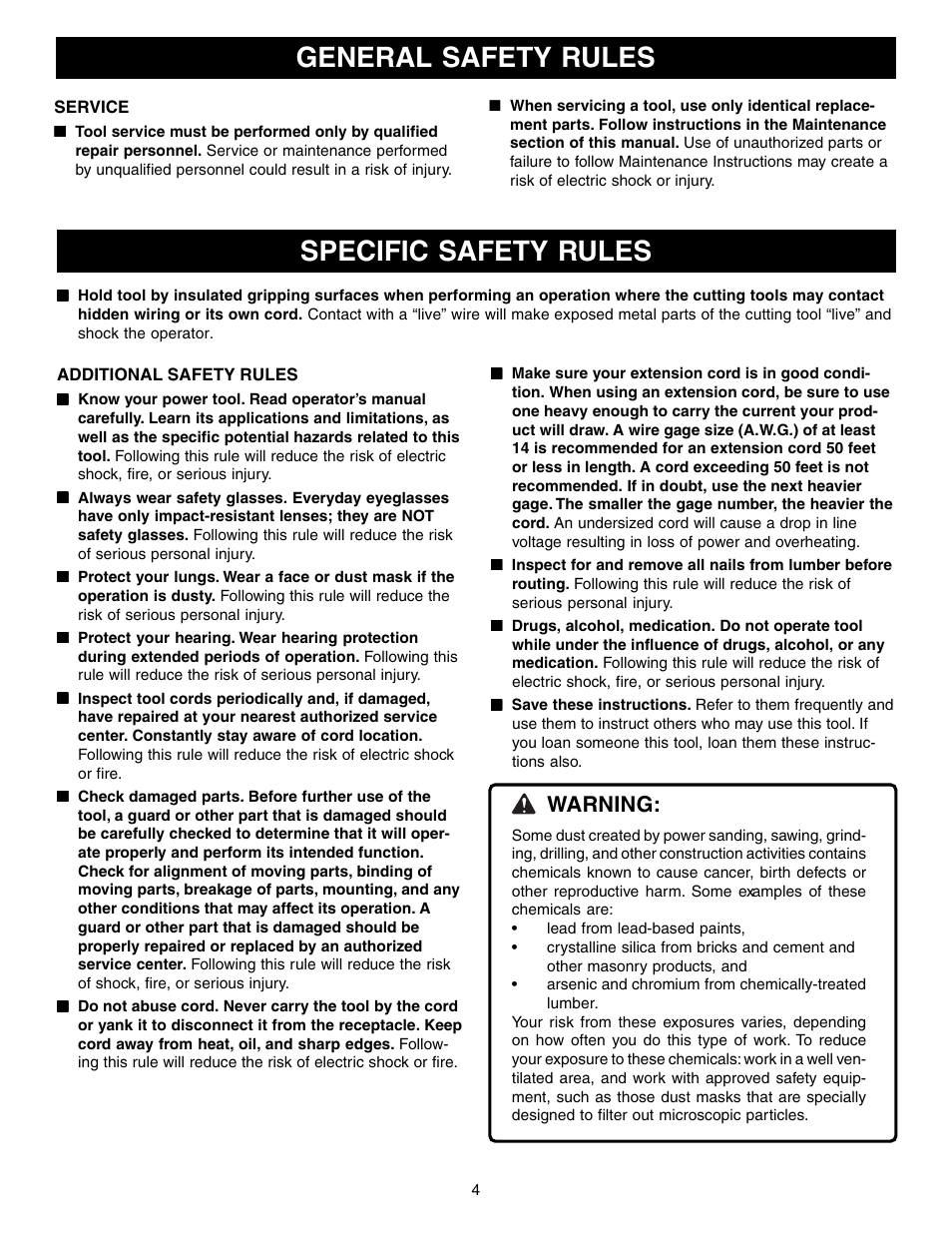 Specific safety rules, General safety rules, Warning | Ryobi R1801M1 User Manual | Page 4 / 20