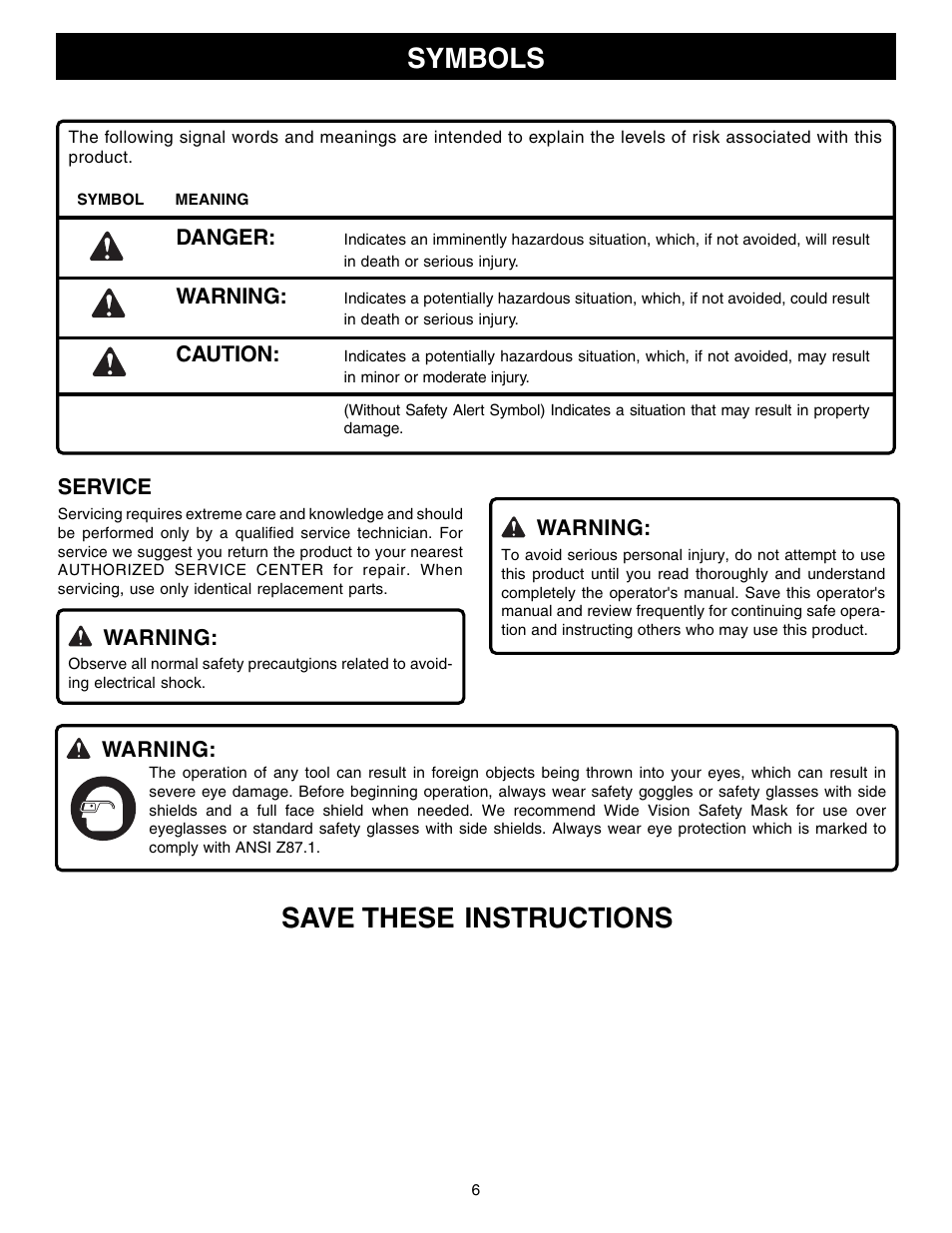 Symbols, Save these instructions | Ryobi R1801M1 User Manual | Page 6 / 20