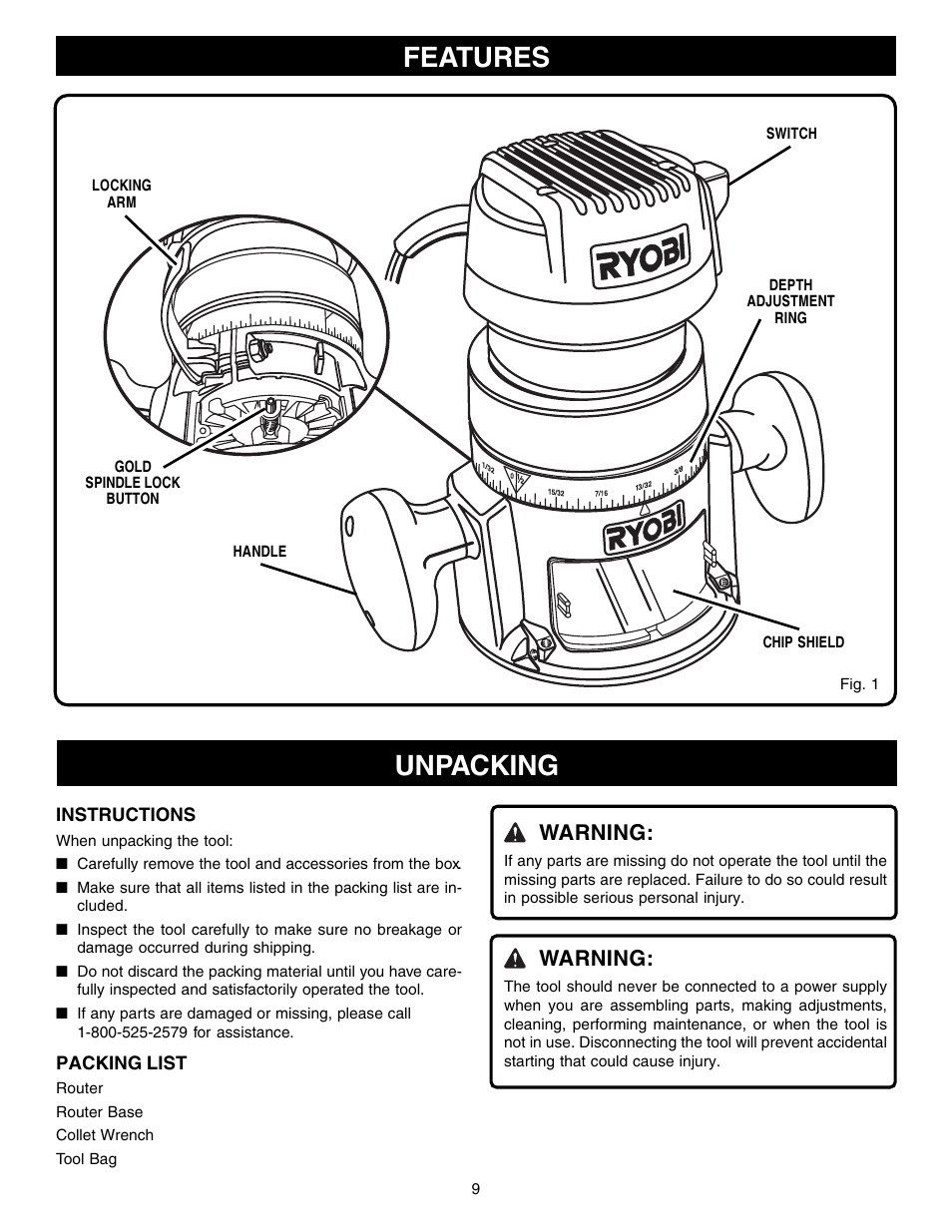 Features, Unpacking, Warning | Ryobi R1801M1 User Manual | Page 9 / 20