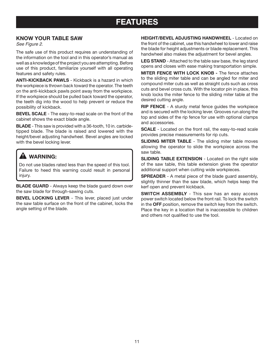 Features | Ryobi BTS21 User Manual | Page 11 / 42