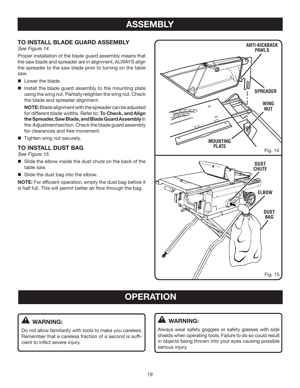 Assembly, Operation | Ryobi BTS21 User Manual | Page 19 / 42