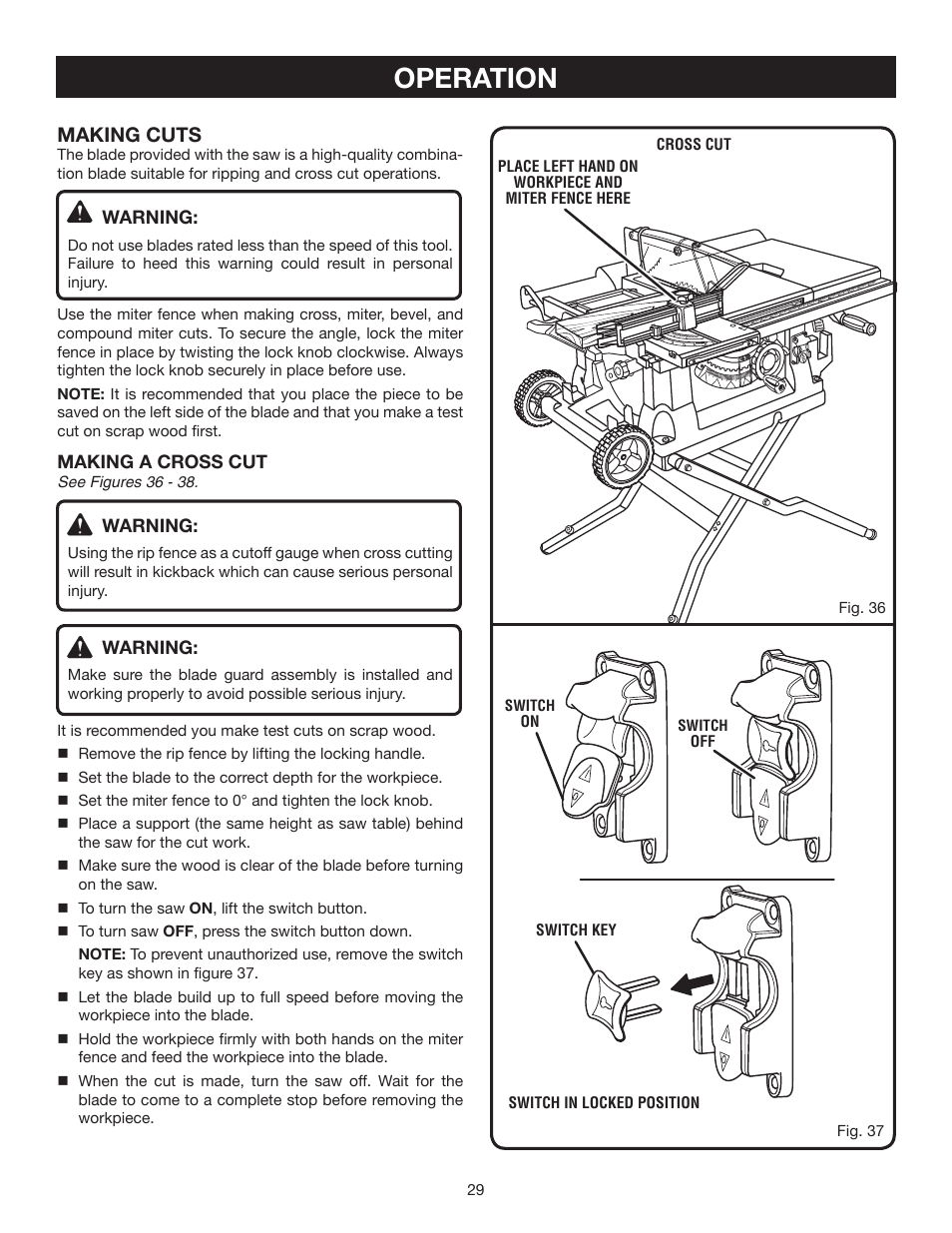 Operation, Making cuts | Ryobi BTS21 User Manual | Page 29 / 42