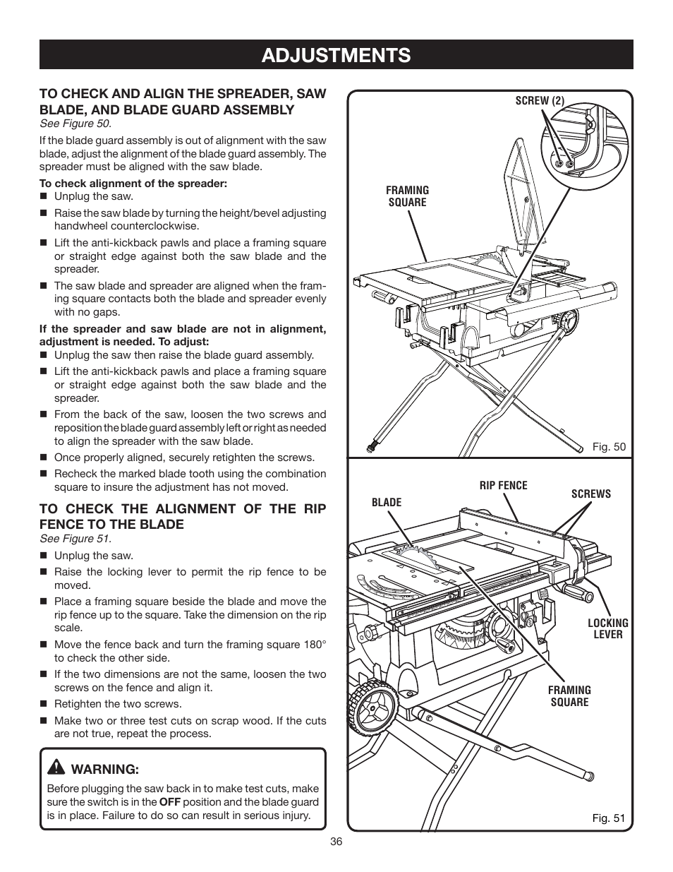 Adjustments | Ryobi BTS21 User Manual | Page 36 / 42