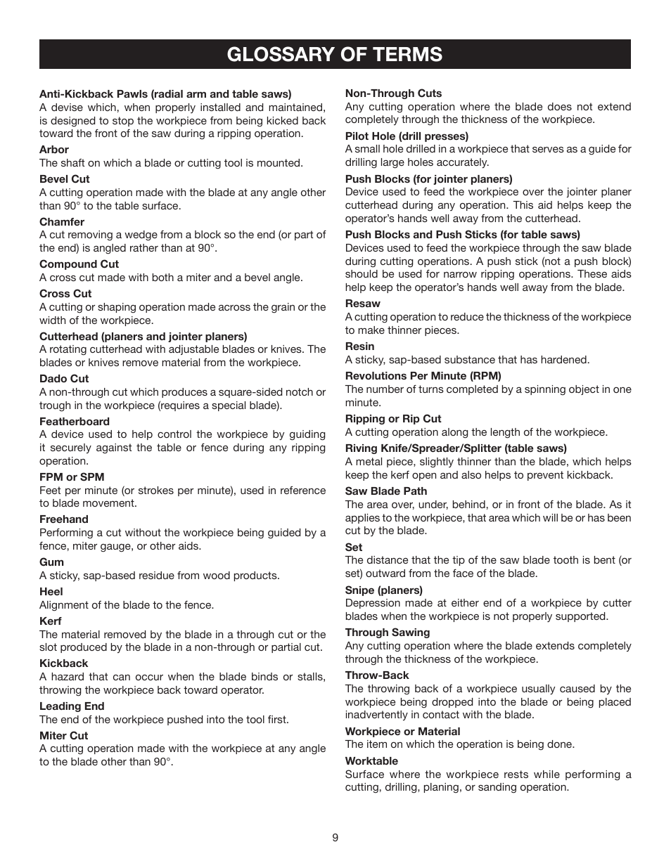 Glossary of terms | Ryobi BTS21 User Manual | Page 9 / 42