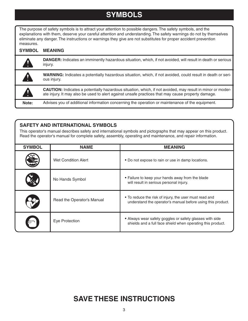 Symbols save these instructions | Ryobi BT3100 User Manual | Page 3 / 10