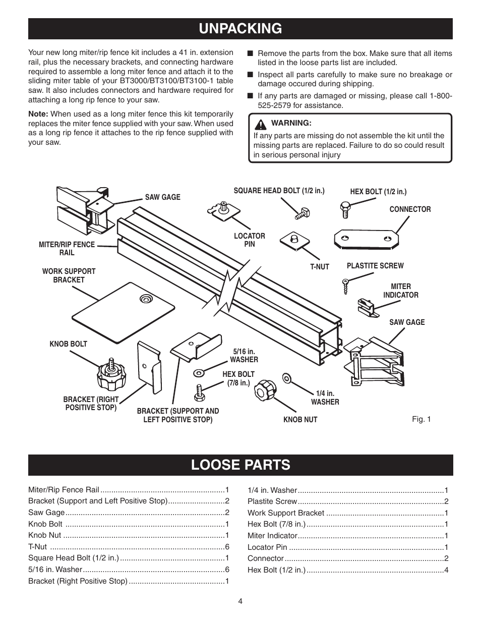 Unpacking, Loose parts | Ryobi BT3100 User Manual | Page 4 / 10