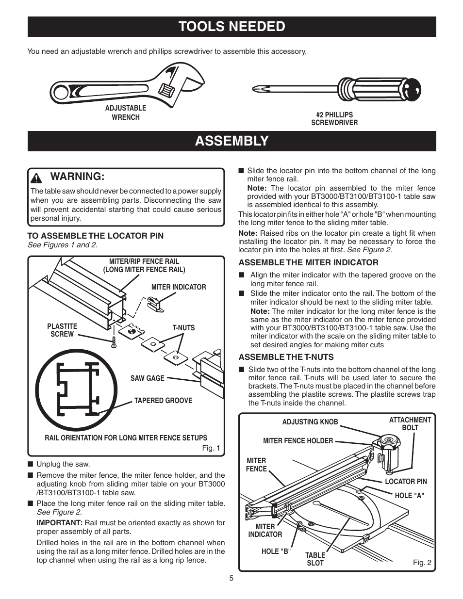 Tools needed, Assembly, Warning | Ryobi BT3100 User Manual | Page 5 / 10