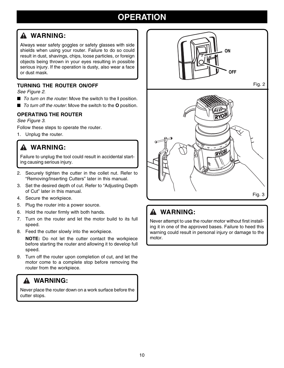 Operation, Warning | Ryobi R181FB1 User Manual | Page 10 / 24