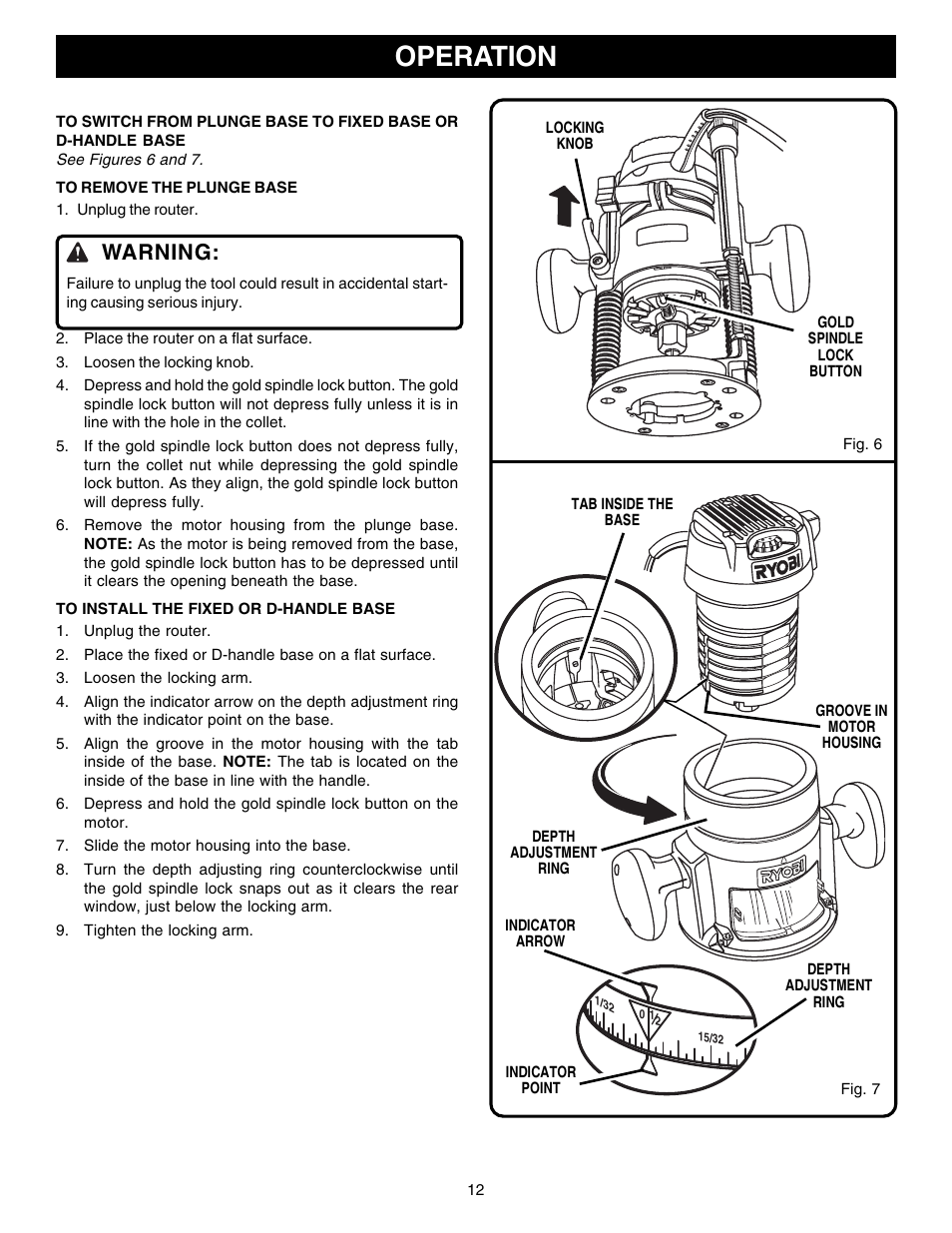 Operation, Warning | Ryobi R181FB1 User Manual | Page 12 / 24