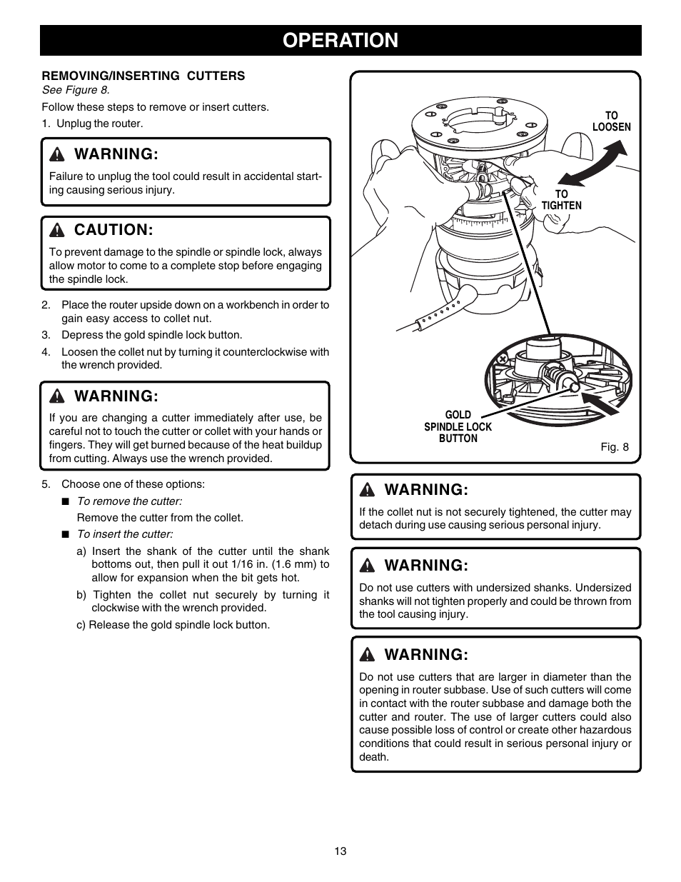 Operation, Warning, Caution | Ryobi R181FB1 User Manual | Page 13 / 24