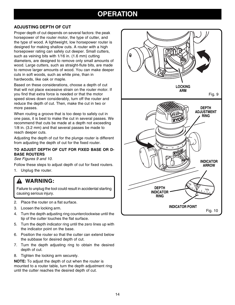 Operation, Warning | Ryobi R181FB1 User Manual | Page 14 / 24