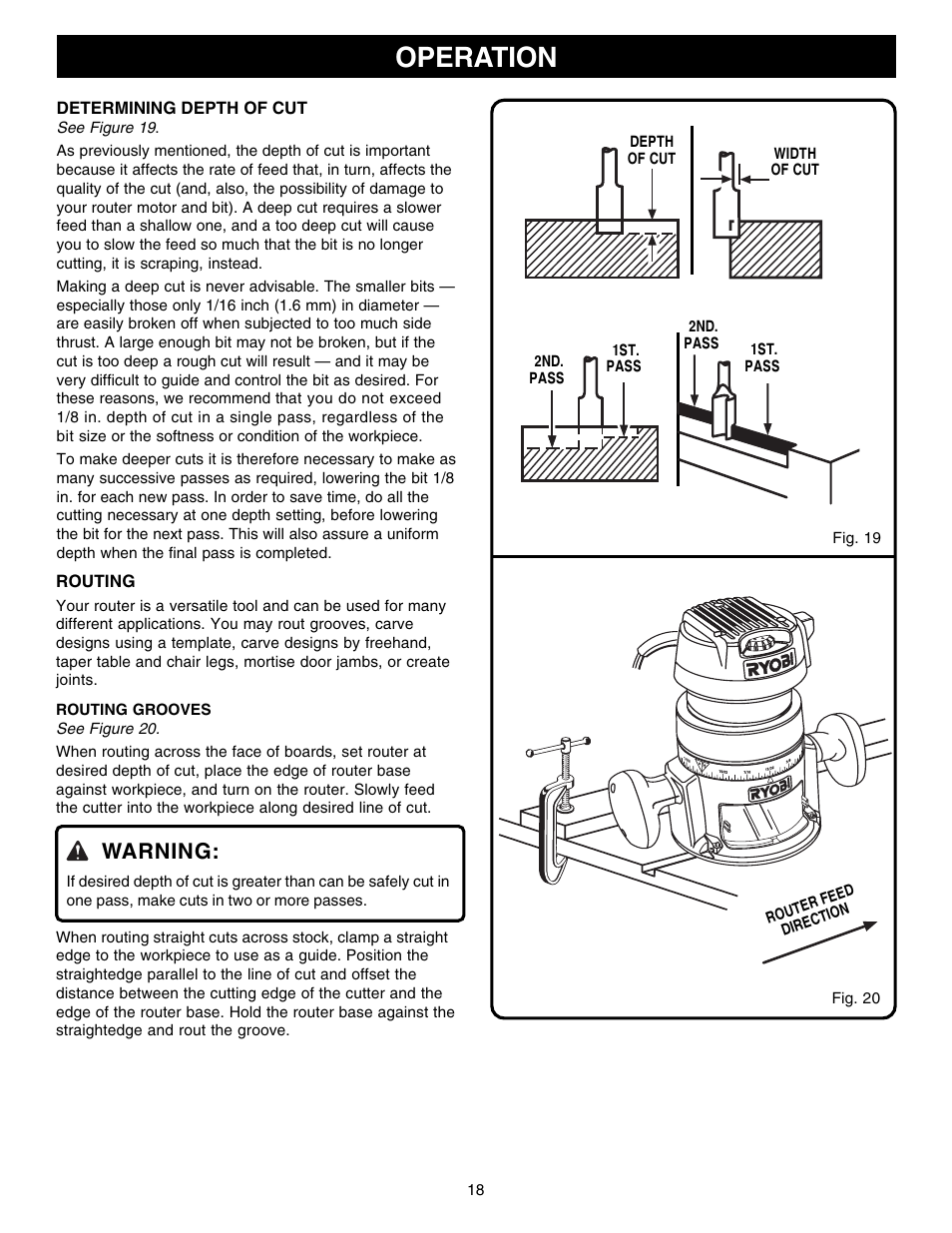 Operation, Warning | Ryobi R181FB1 User Manual | Page 18 / 24