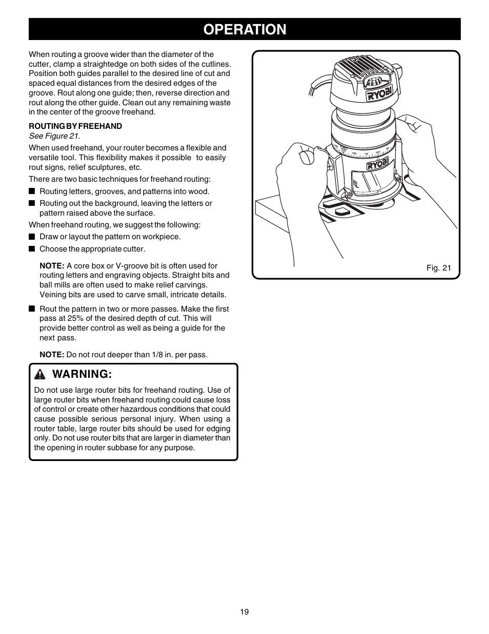 Operation, Warning | Ryobi R181FB1 User Manual | Page 19 / 24