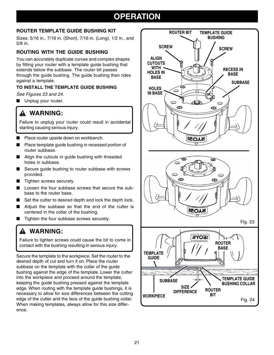 Operation, Warning | Ryobi R181FB1 User Manual | Page 21 / 24