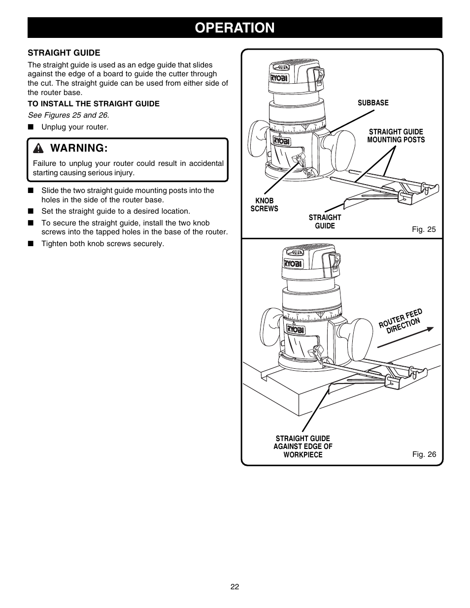 Operation, Warning, Straight guide | Ryobi R181FB1 User Manual | Page 22 / 24