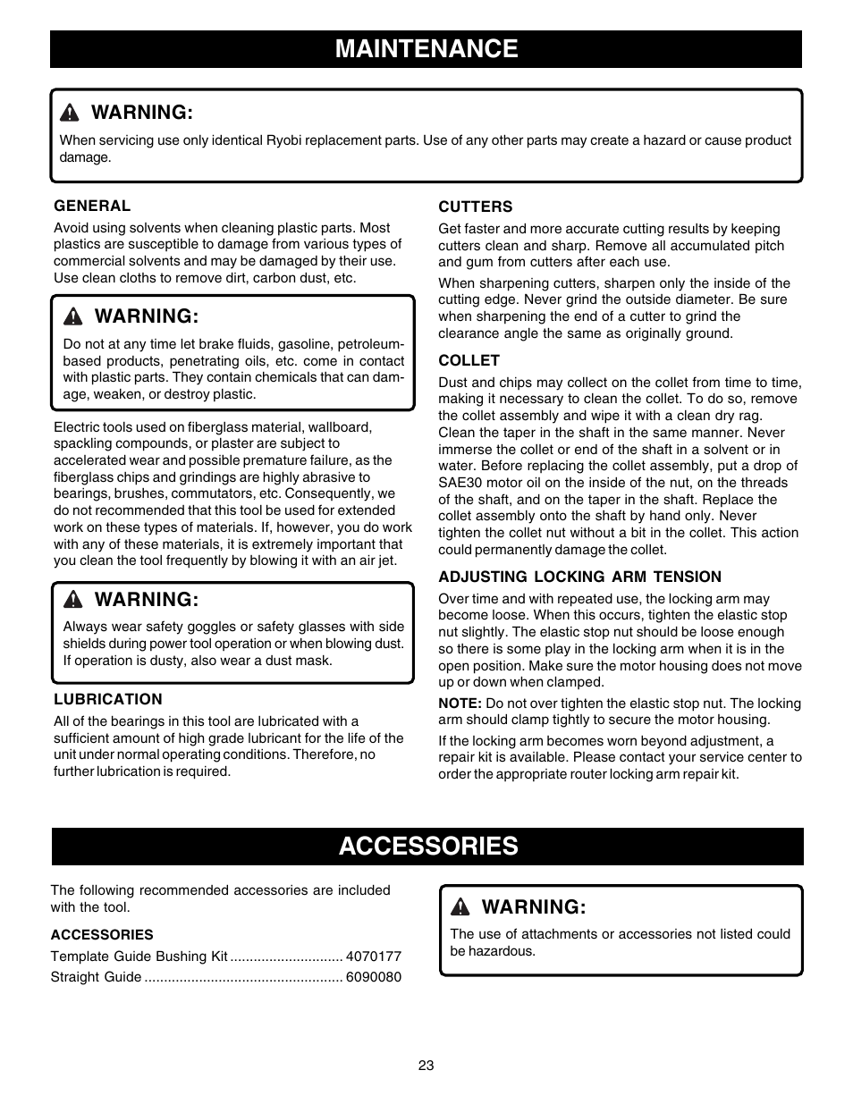 Maintenance, Accessories, Warning | Ryobi R181FB1 User Manual | Page 23 / 24