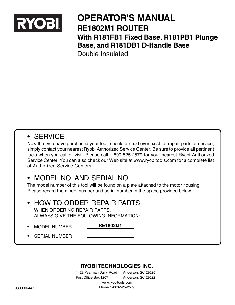 Operator's manual, Service, Model no. and serial no | How to order repair parts | Ryobi R181FB1 User Manual | Page 24 / 24