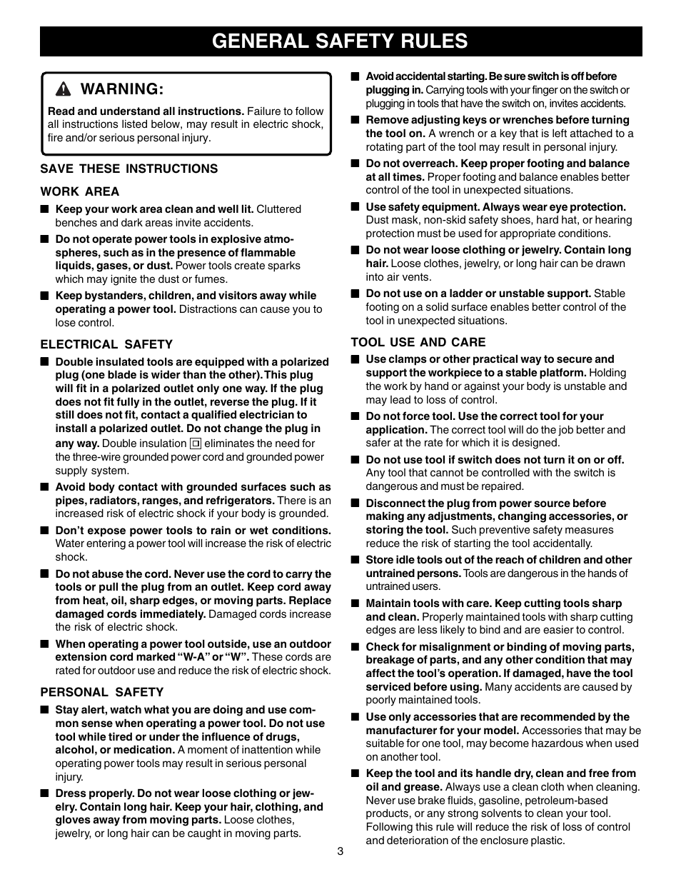 General safety rules, Warning | Ryobi R181FB1 User Manual | Page 3 / 24