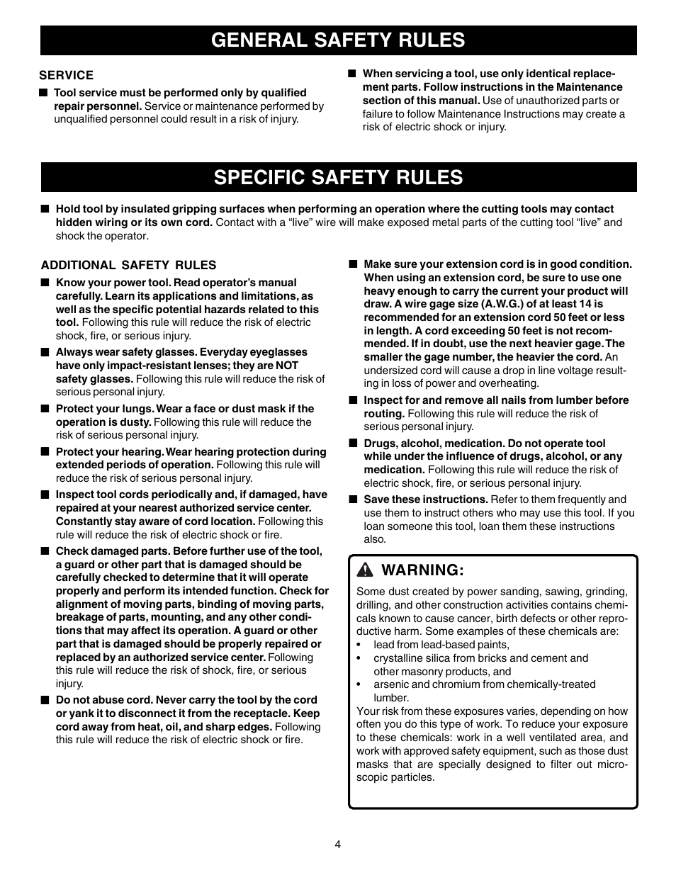 Specific safety rules, General safety rules, Warning | Ryobi R181FB1 User Manual | Page 4 / 24