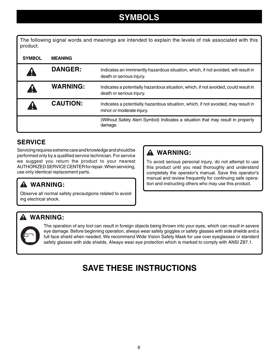 Symbols, Save these instructions | Ryobi R181FB1 User Manual | Page 6 / 24