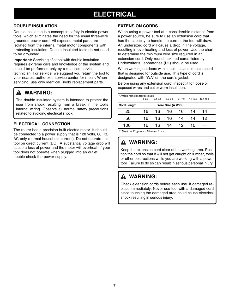 Electrical, Warning | Ryobi R181FB1 User Manual | Page 7 / 24