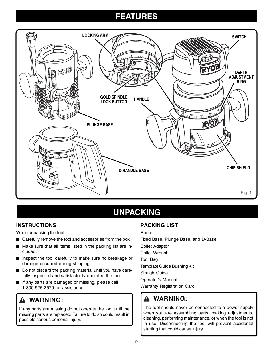 Features, Unpacking, Warning | Instructions, Packing list | Ryobi R181FB1 User Manual | Page 9 / 24