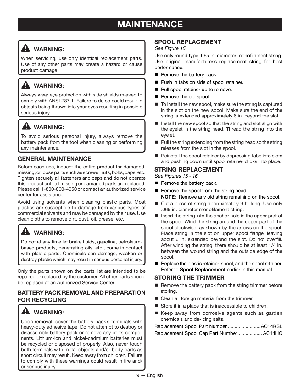 Maintenance | Ryobi P2002 User Manual | Page 11 / 34