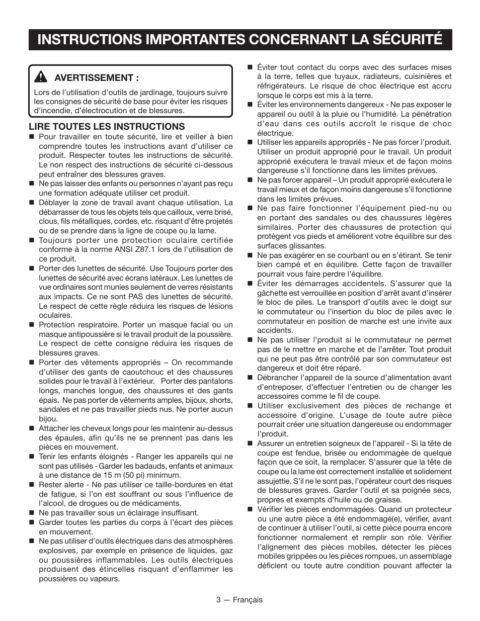 Instructions importantes concernant la sécurité | Ryobi P2002 User Manual | Page 15 / 34